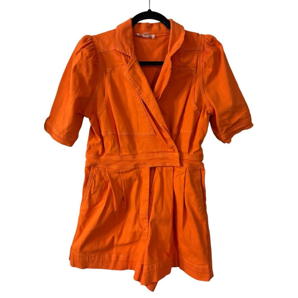Day + Moon Orange Coverall Romper Short Sleeve Size Medium Collar Pockets